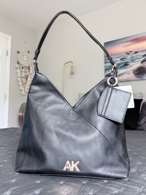 Anne Klein Classic Black Pebbled Vegan Leather Shoulder Bag